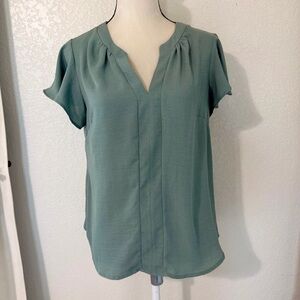Monteau Sage Green Short Sleeve Notch Neck Blouse